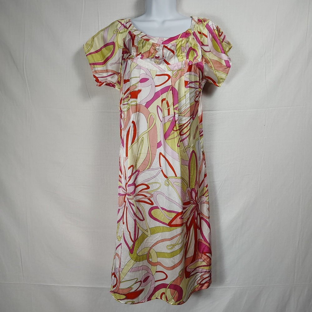 YASB L 100% Silk Bateau Neck Dress Groovy Floral Print Pullover Flutter Sleeves‎